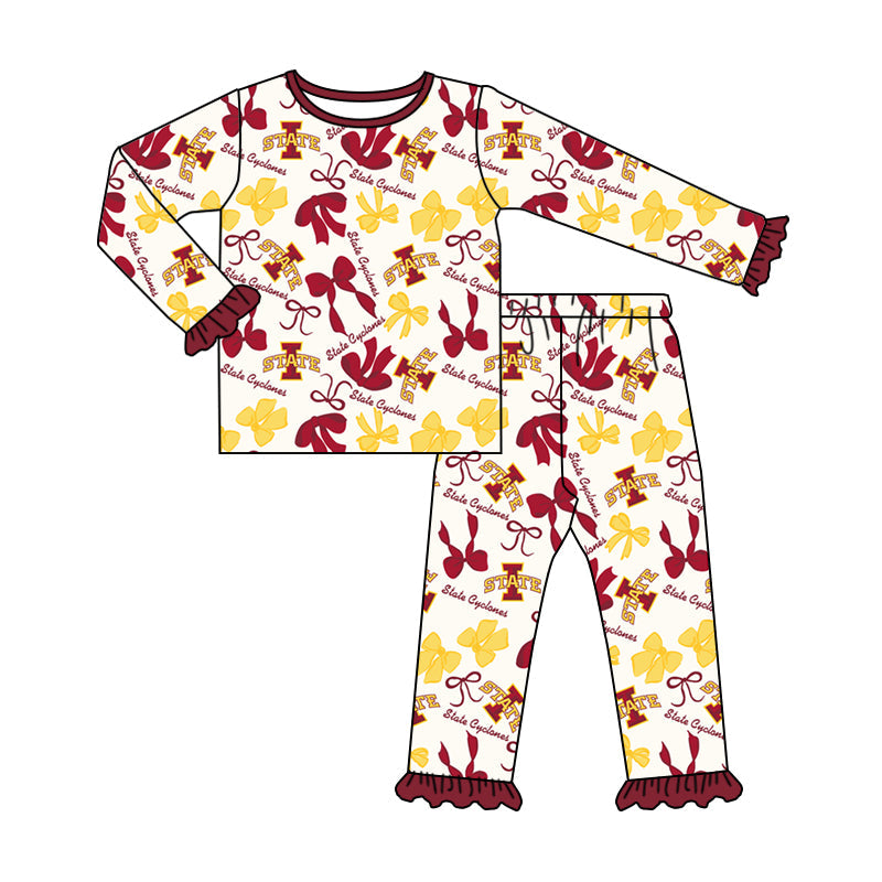 MOQ 3 Long sleeves I red yellow bows kids girls team pajamas