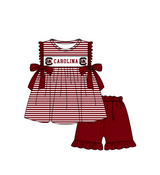 MOQ 5 pcs maroon stripe bow C tunic ruffle shorts girls team outfit