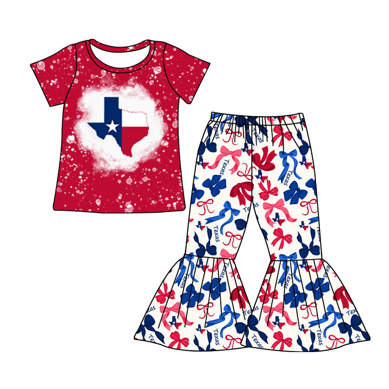 MOQ 3 pcs bleached red T top bow pants girls team clothes