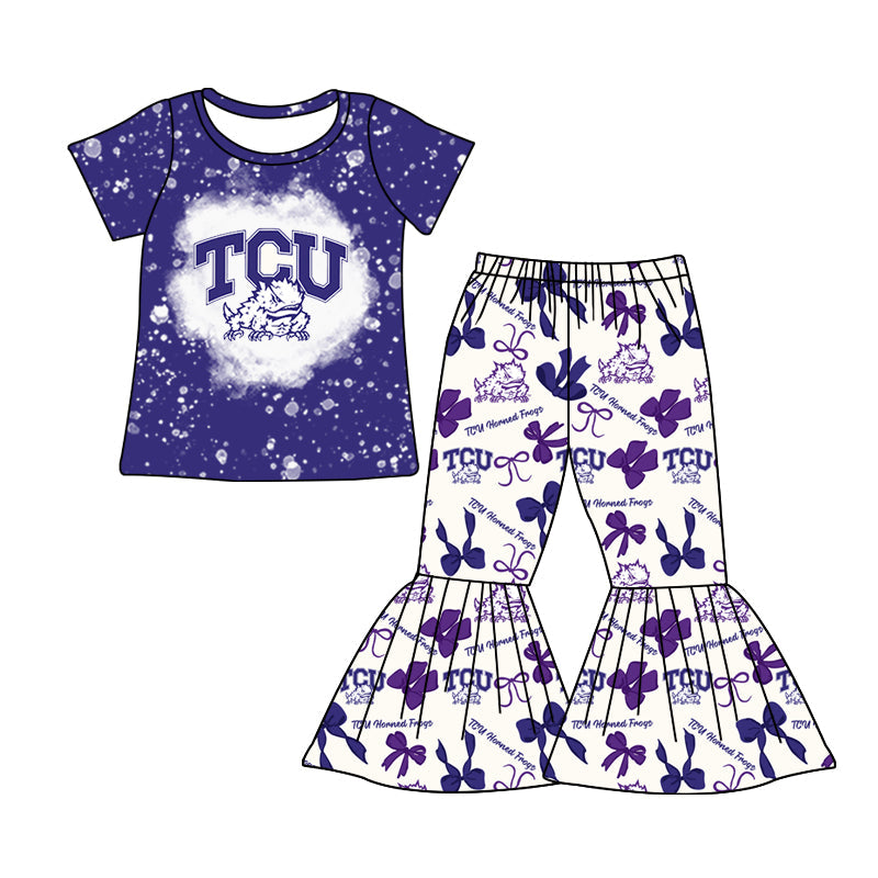 MOQ 3 pcs bleached T C U top bow bell bottoms pants girls team clothes