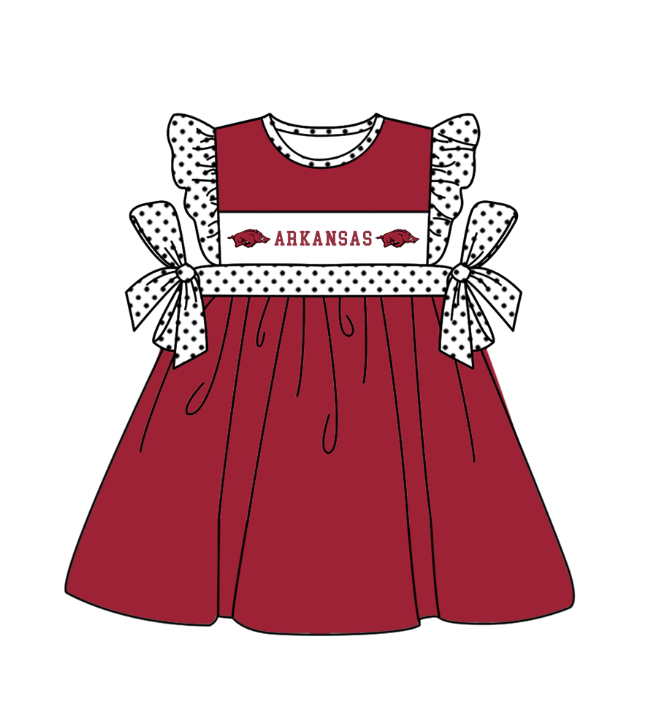MOQ 5 pcs maroon flying sleeves white polka dots bow A girls team dresses