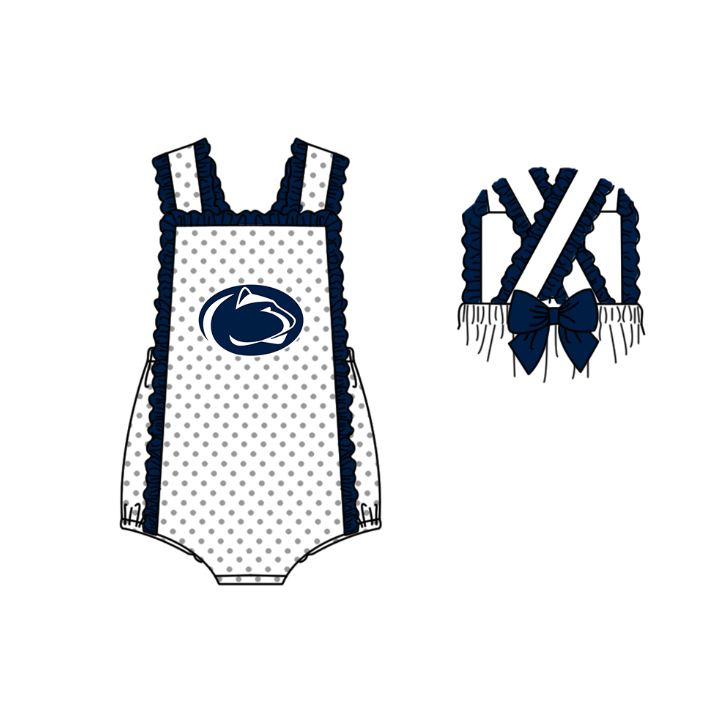 MOQ 5 pcs white polka dots sleeveless dark blue bow baby girls team romper