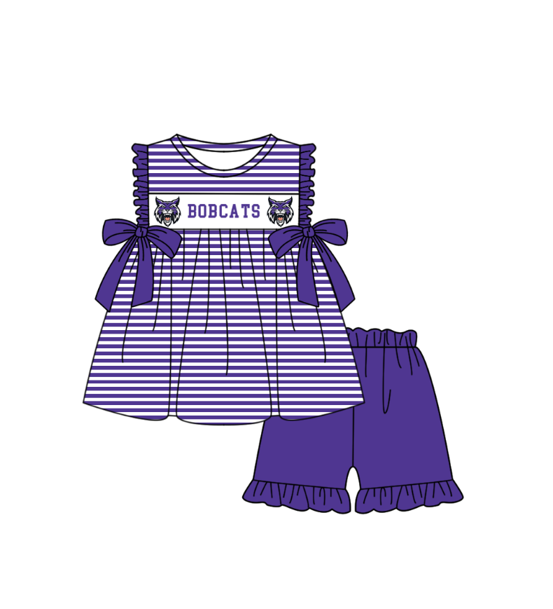 MOQ 5 pcs purple stripe bow BOBCATS tunic ruffle shorts girls team outfit
