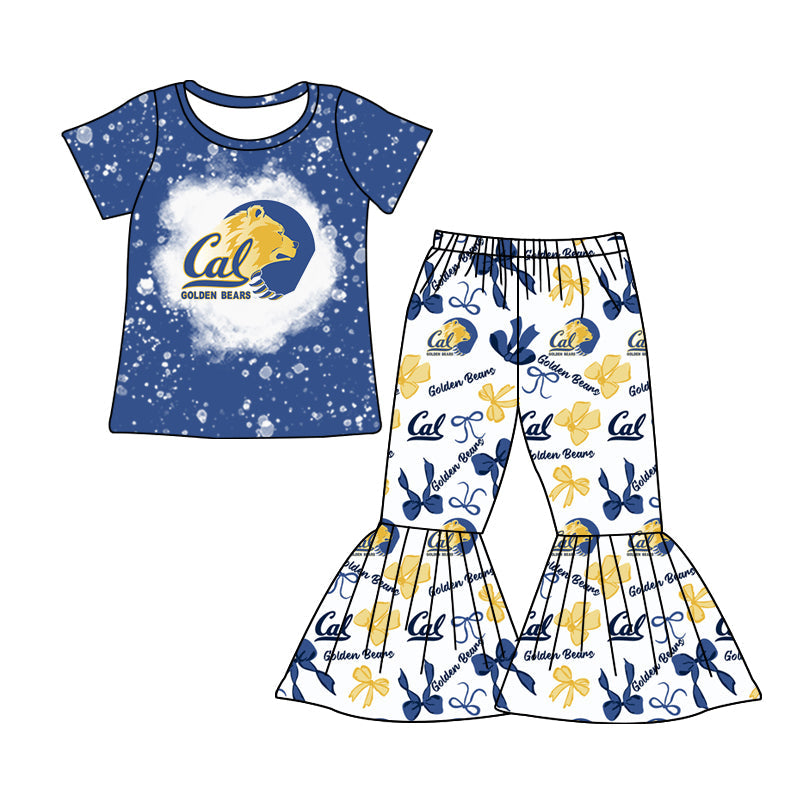 MOQ 3 pcs bleached blue gold top bow bell bottoms pants girls team clothes