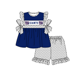 MOQ 5 pcs dark blue bow NY tunic white polka dots ruffle shorts girls team outfit