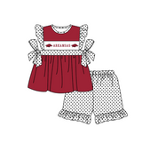 MOQ 5 pcs maroon bow ARKANSAS tunic white polka dots ruffle shorts girls team outfit