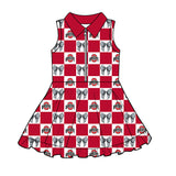 MOQ 5 pcs sleeveless plaid bow red O girls team athletic polo dress