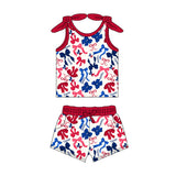 MOQ 3 pcs sleeveless T red blue bow top shorts girls team clothes