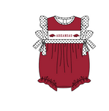 MOQ 5 pcs maroon flying sleeves white polka dots bow ARKANSAS baby girls team romper