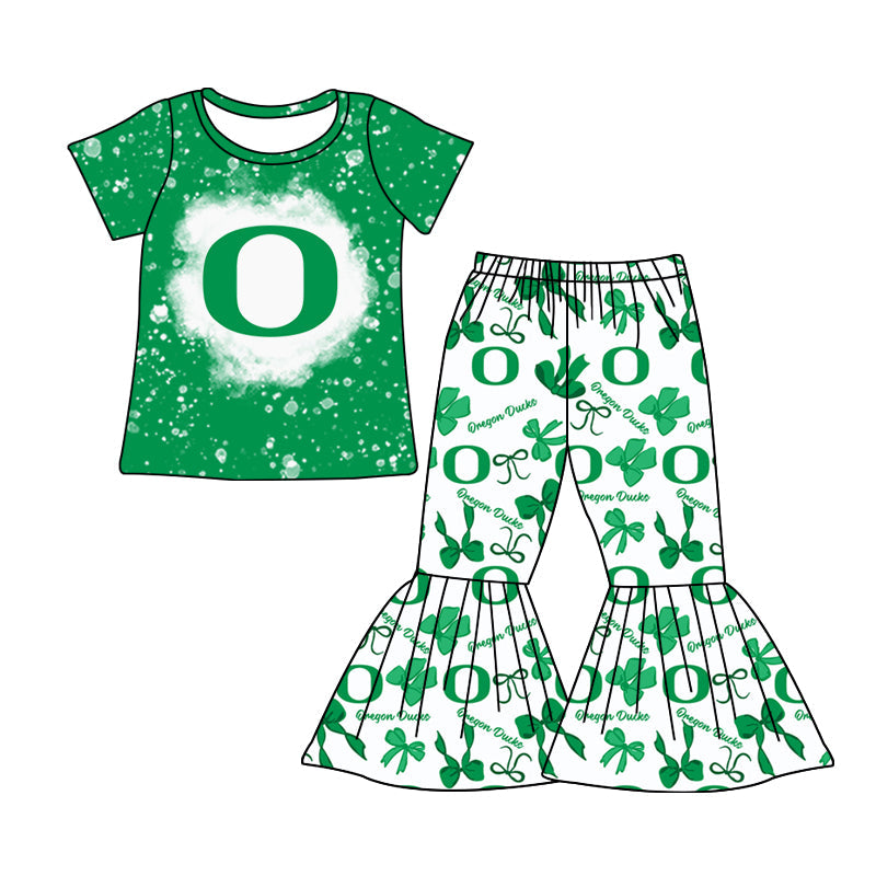MOQ 3 pcs bleached green O top bow bell bottoms pants girls team clothes