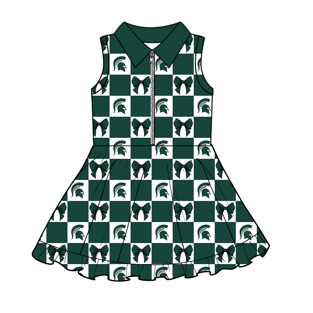 MOQ 5 pcs sleeveless plaid bow green girls team athletic polo dress