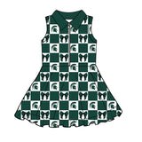 MOQ 5 pcs sleeveless plaid bow green girls team athletic polo dress