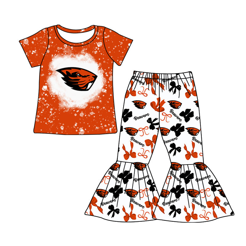 MOQ 3 pcs bleached orange B top bow bell bottoms pants girls team clothes