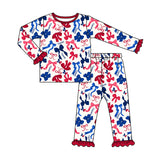 MOQ 3 Long sleeves T red blue bow kids girls team pajamas