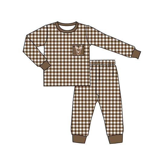 MOQ 5 Brown plaid deer pocket kids hunting pajamas