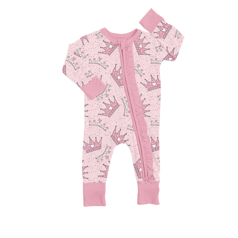 MOQ 5 PCS pink queen ruffle baby girls zipper romper