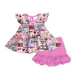 MOQ 3 Flutter sleeves butterfly top pink shorts singer girls set
