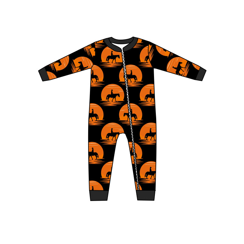 MOQ 5 PCS black orange horse rodeo baby zipper romper
