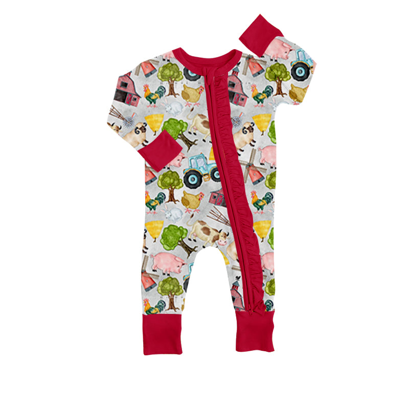 MOQ 5 PCS pig sheep cow chicken baby girl zipper romper