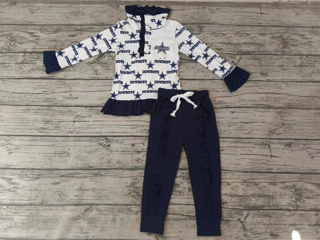 MOQ 3 pcs Cowboy star pullover navy pants kids girls team outfits