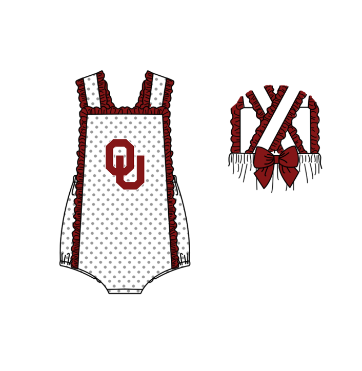 MOQ 5 pcs white polka dots sleeveless maroon bow OU baby girls team romper