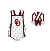 MOQ 5 pcs white polka dots sleeveless maroon bow OU baby girls team romper