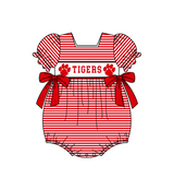 MOQ 5 pcs red stripe short sleeves TIGERS baby girls team romper
