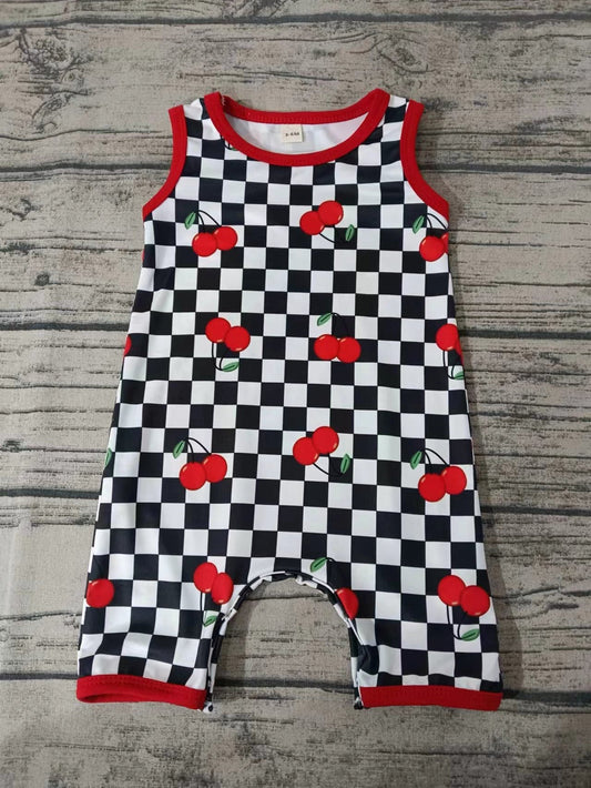 MOQ 3 pcs sleeveless plaid cherry baby romper