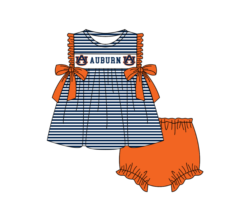 MOQ 5 pcs dark blue stripe orange bow AU tunic bummies baby girls team set