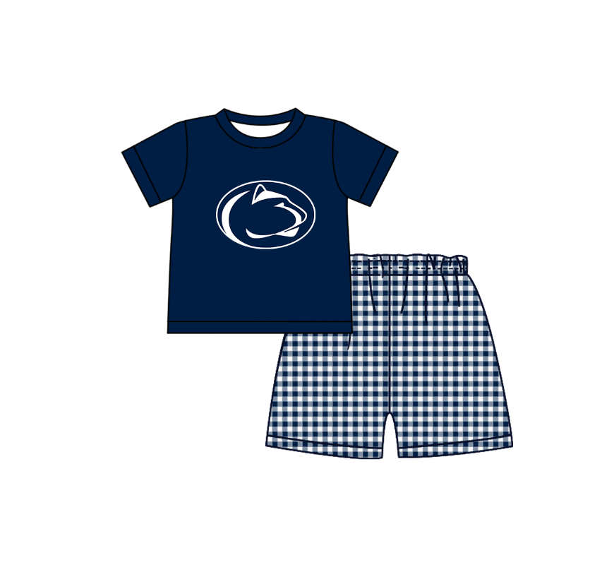 MOQ 5 pcs dark blue short sleeves top plaids shorts boys team outfit