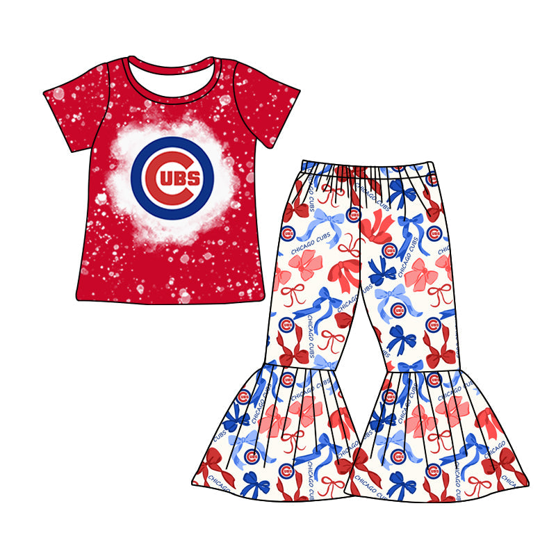 MOQ 3 pcs bleached red C top bow pants girls team clothes