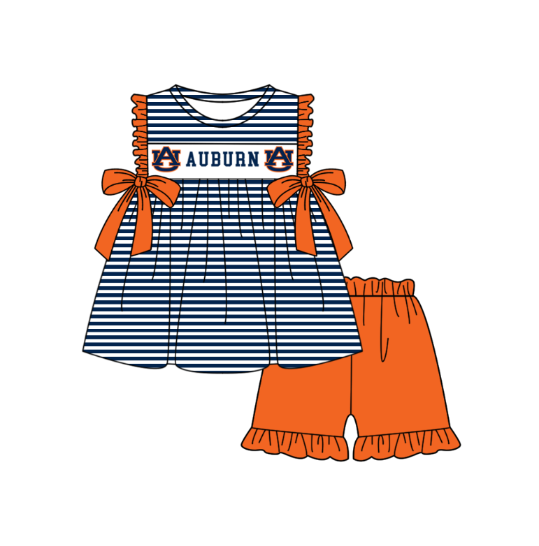 MOQ 5 pcs dark blue stripe orange bow AU tunic ruffle shorts girls team outfit