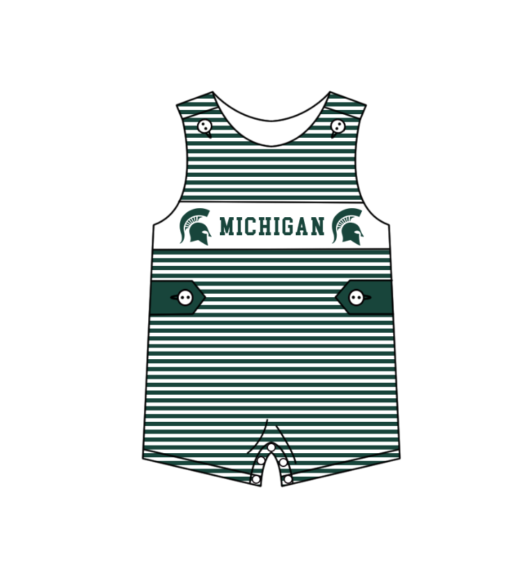 MOQ 5 pcs green stripe sleeveless MICHIGAN baby boys team romper