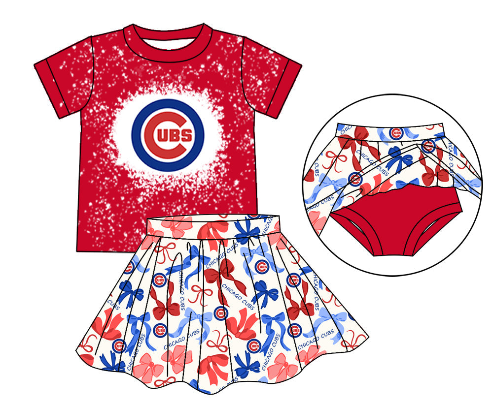 MOQ 3 pcs C bleached top red blue bow skirt girls team outfits