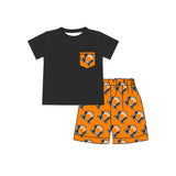 MOQ 5 pcs Black short sleeves top orange shorts boys team clothes