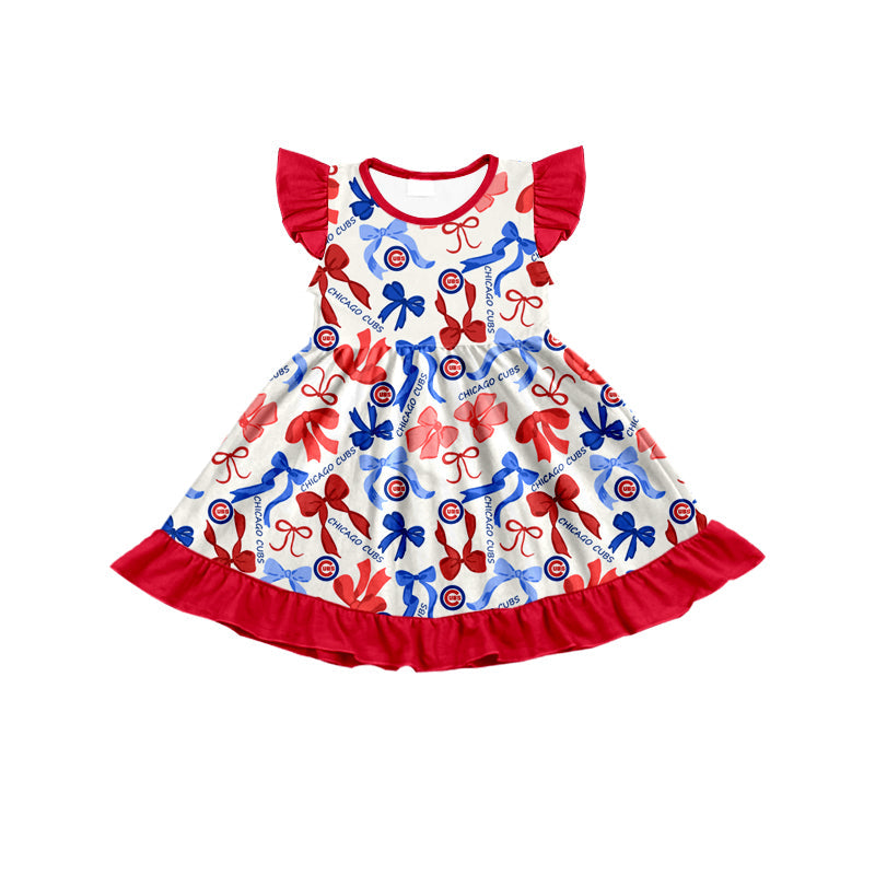 MOQ 3 pcs flutter sleeves C red blue bows girls team dress