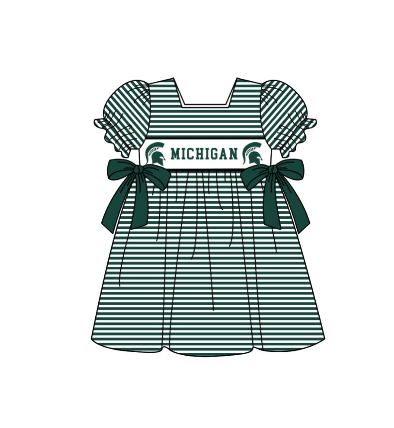 MOQ 5 pcs Short sleeves green stripe bow M girls team dresses