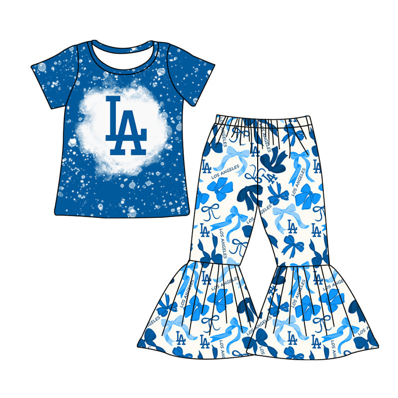 MOQ 3 pcs Bleached L A top bow pants kids girls team clothes