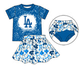 MOQ 3 pcs blue L A bleached top bow skirt girls team outfits