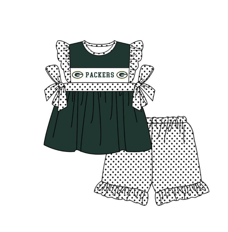 MOQ 5 pcs dark green bow G tunic white polka dots ruffle shorts girls team outfit