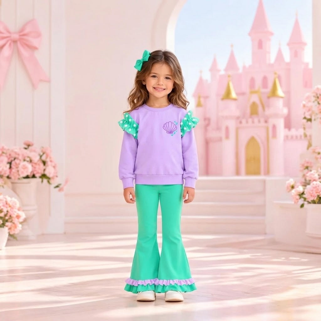 MOQ 5 Long sleeves princess polka dots ruffle top pants girls outfits
