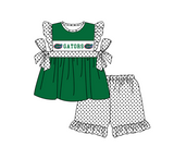 MOQ 5 pcs green bow G tunic white polka dots ruffle shorts girls team outfit