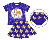 MOQ 3 pcs Bleached top purple skirt girls team clothing set