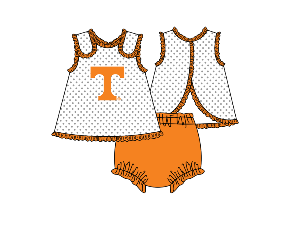 MOQ 5 pcs white polka dots sleeveless T tunic orange bummies baby girls team set
