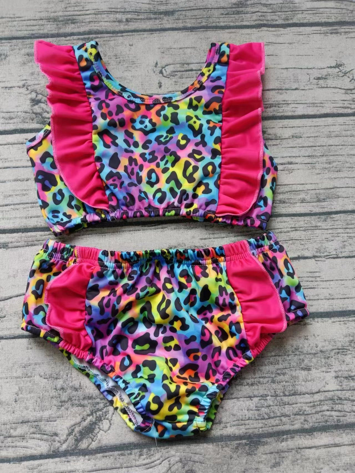 MOQ  3 colorful leopard ruffle 2 pcs girls swimsuit