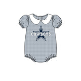 MOQ 3 pcs Blue plaid short sleeves cowboy star girls team romper