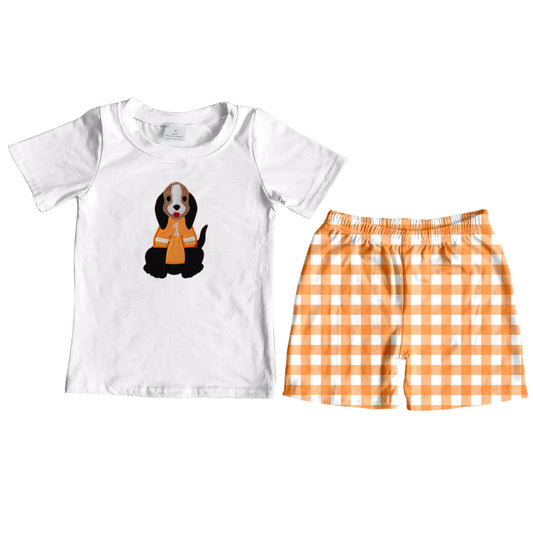 MOQ 3 Short sleeves white dog top plaid shorts boys team outfits