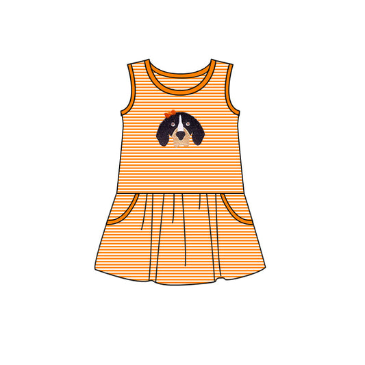 MOQ 3 pcs sleeveless stripe dog girls team dresses