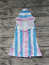 MOQ 3 sleeveless pockets blue stripe girls hooded swimming coverup