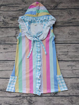 MOQ 3 sleeveless pockets coloful stripe girls hooded swimming coverup